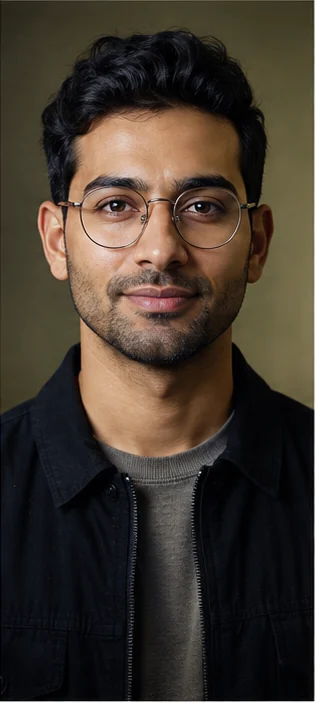 Headshot style sample with a muted green background